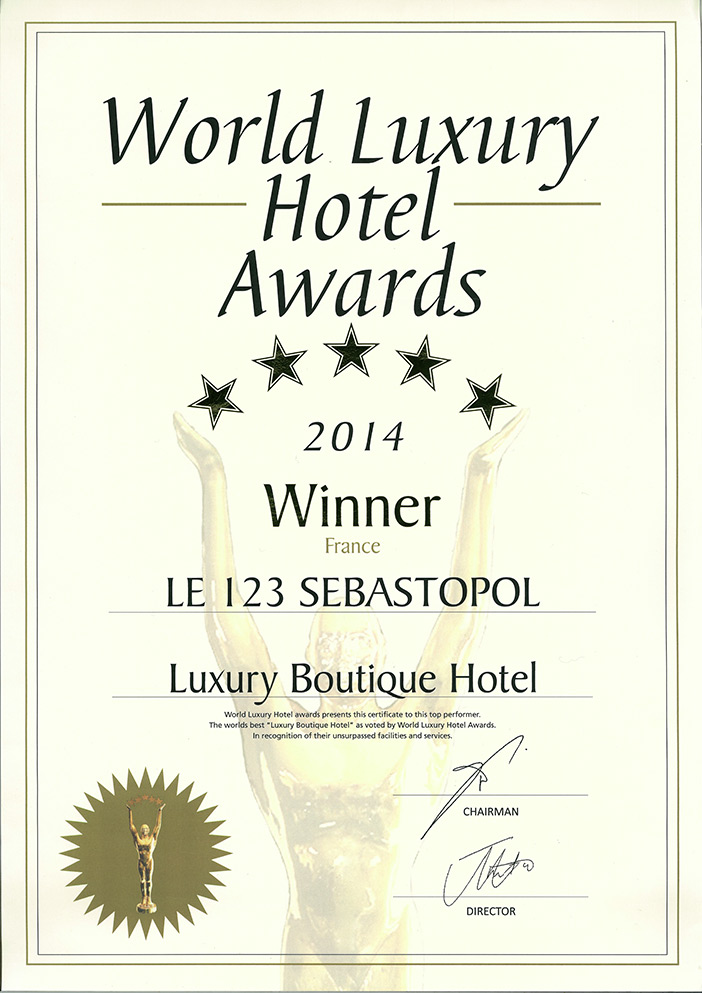 DIPLOME-HOTEL-123-SEBASTOPOL-WORLD-LUXURY-HOTEL-AWARDS Actualités récompenses 